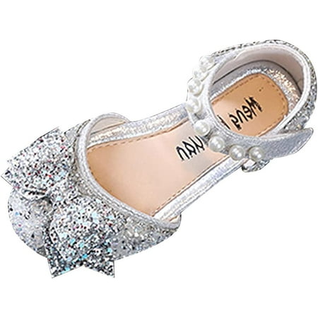

QWZNDZGR Baby Girls Mary Jane Flats with Bownot Non Slip Bridesmaids Heels Glitter Princess Shoes Glitter Uniform Dress Shoes