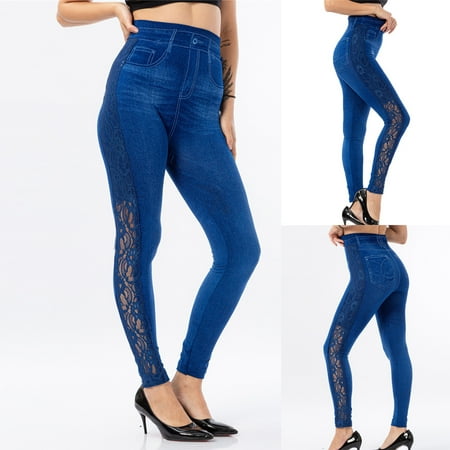 

High Waist Yoga Pants Straight Long Pants Imitation Denim Leggings Elastic Slim Hip Ninth Pants Solid Activewear Jogging Pants Workout Leggings Trousers Athletic Pants Track Cuff Sweatpants Wyongtao