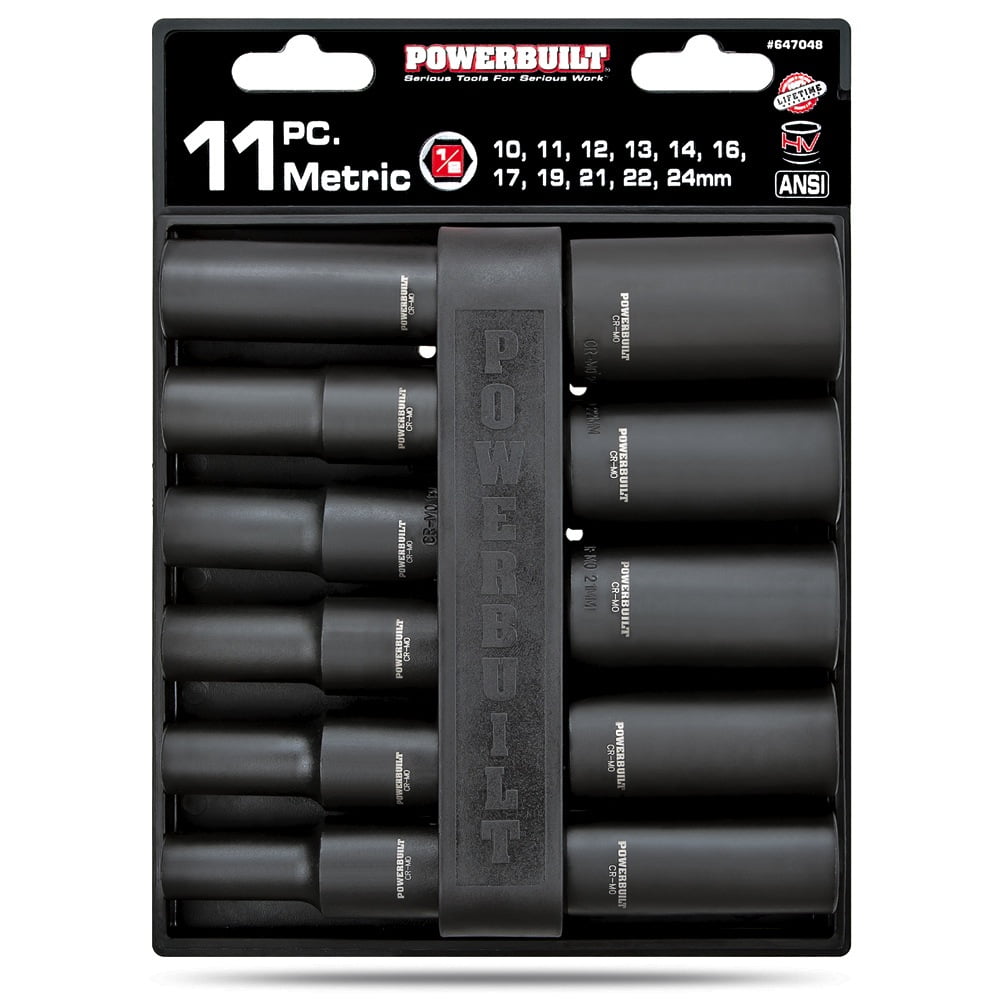 Powerbuilt 11 Piece 1/2 Inch Drive 6 Point Metric Deep Impact Socket Set - 647048