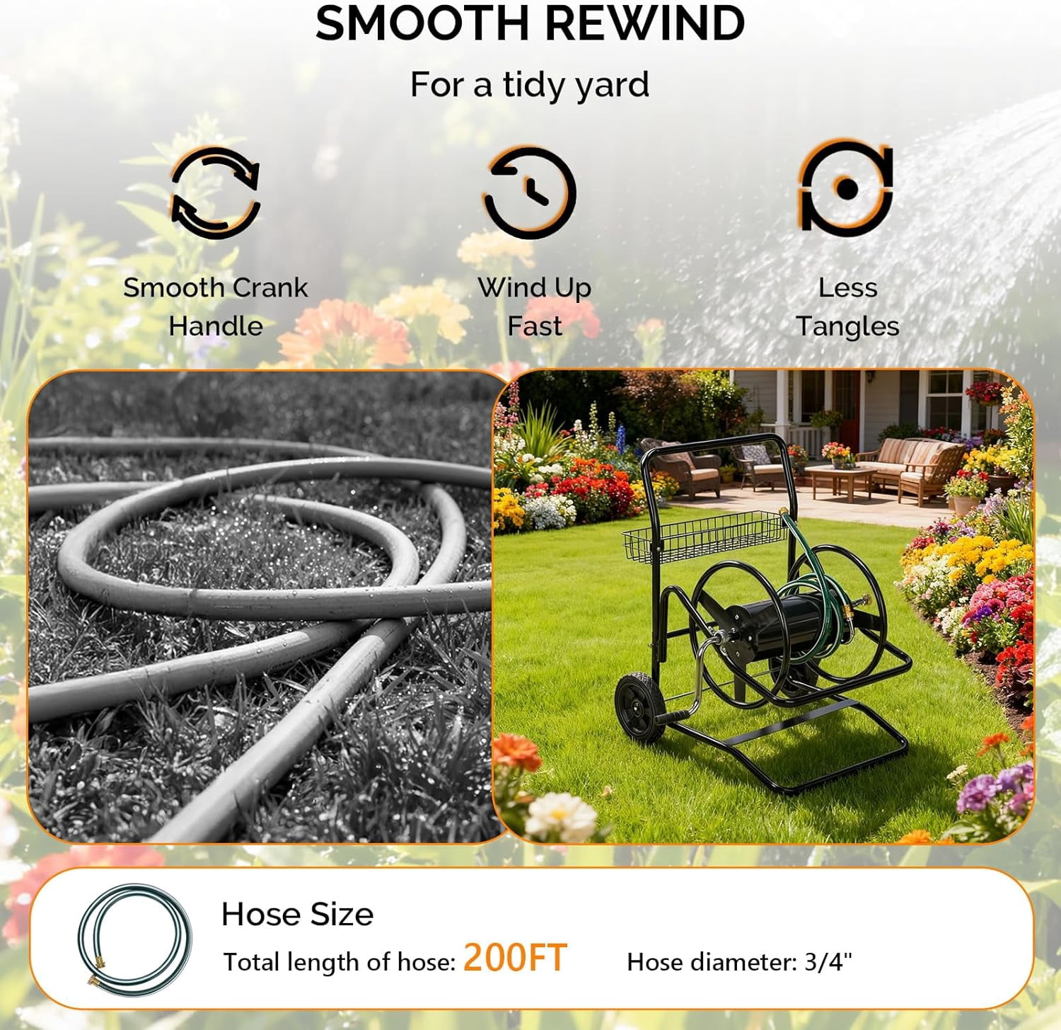 HJTER 2-Wheel Garden Hose Reel Cart, Freestanding Water Hose Reel for Outside with Heavy Duty Portable Rolling Design Metal, 200FT Capacity for 3/4" Hose for Outdoor Use (Black)
