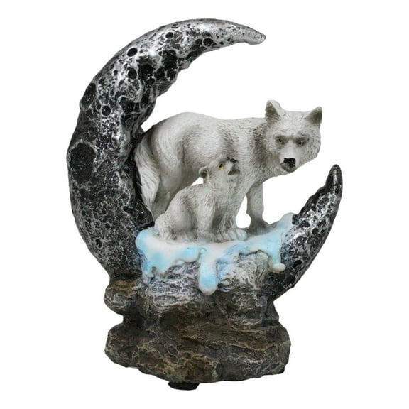 Winter Snow White Wolf With Pup Cub By Snowy Crater Crescent Moon Figurine