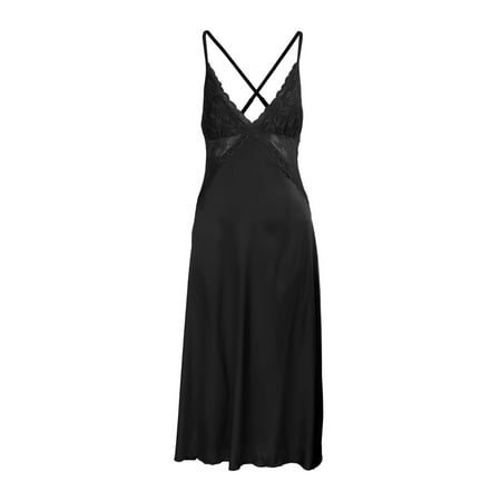 

Women Lingerie Lace Chemise Nightgown Satin V Neck Nightwear Silk Full Slip Lounge Dress