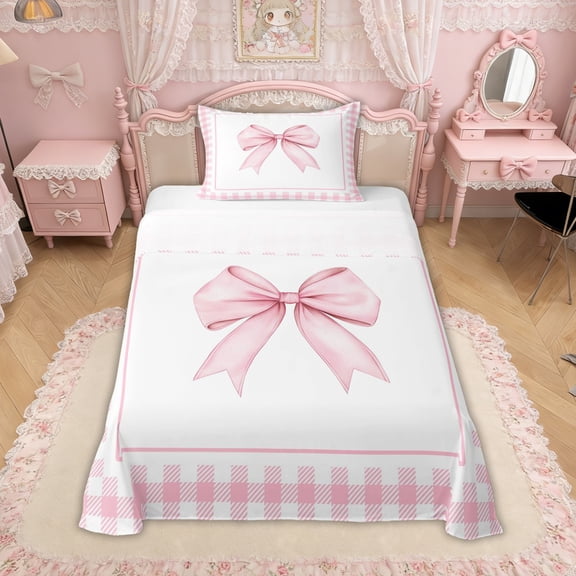 Erosebridal Watercolor Bow Twin Sheet Sets for Girls, Pink Plaid Buffalo Bedding for Women, 3 Pieces