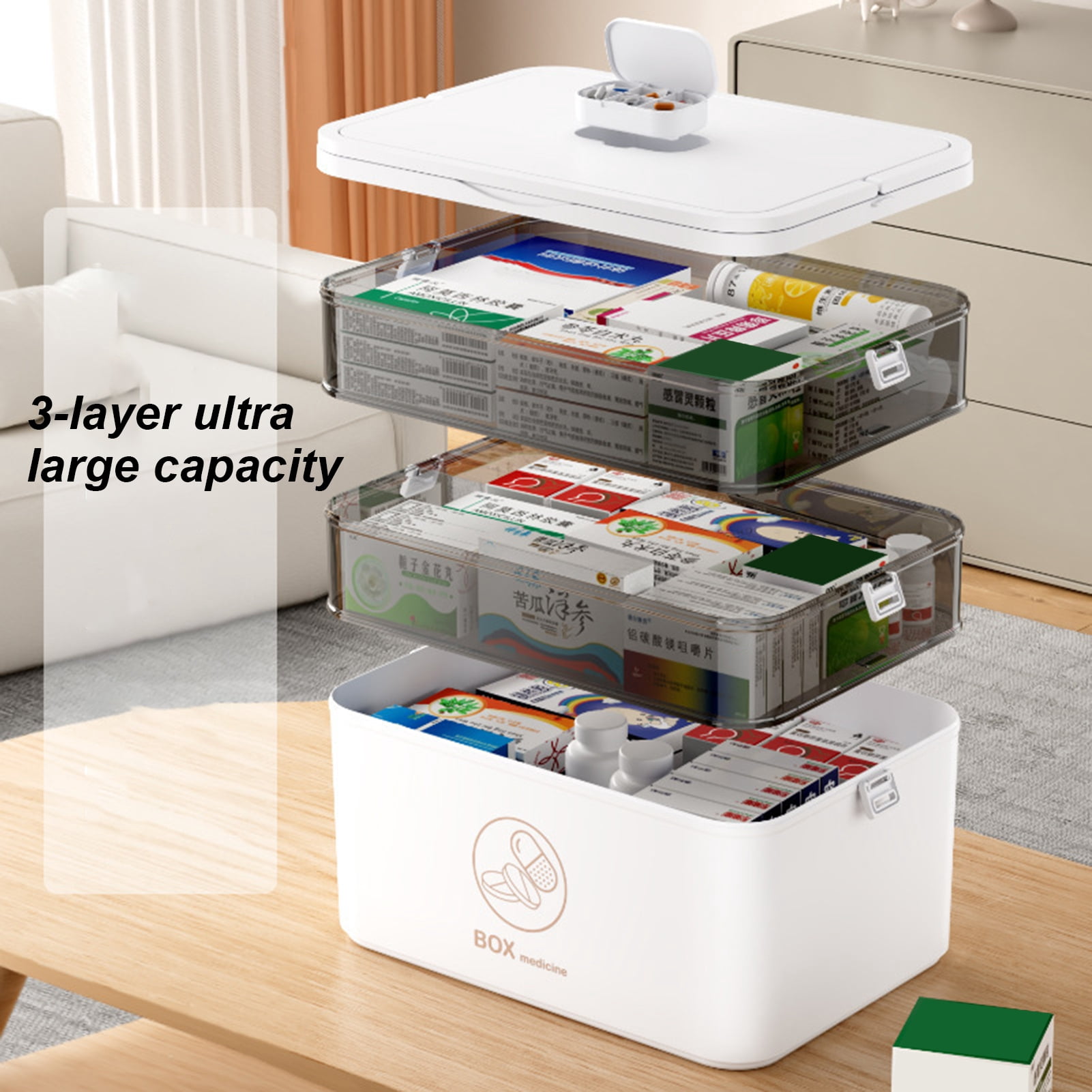 sunsanly 3-Tier Portable Pill Storage Box with Handle Large Capacity Multiple Compartments Multipurpose Medicine Box with Sealing Buckle