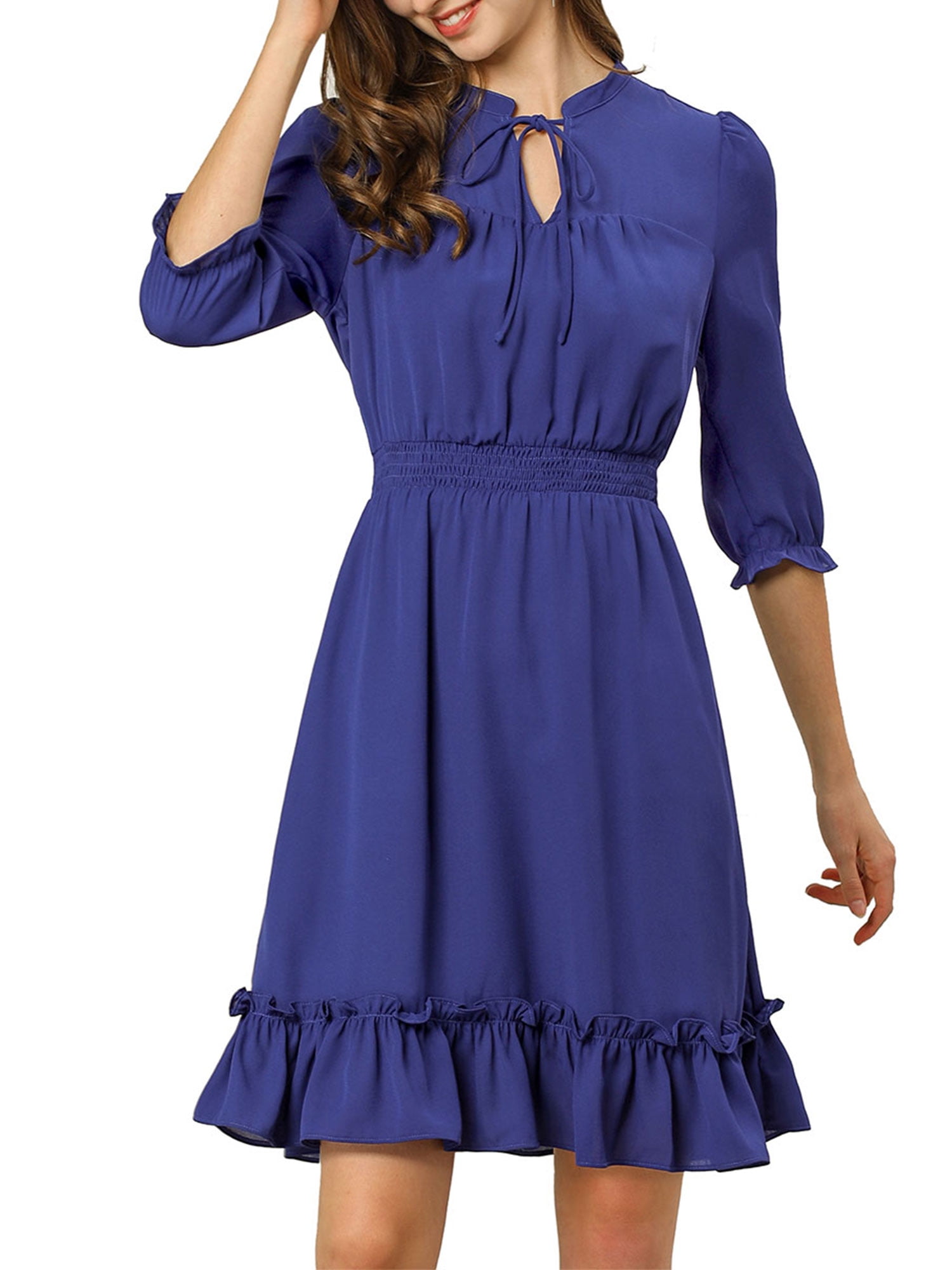 DARING DIVA Tie V Neck Chiffon 3/4 Sleeve Smocked Mini A-Line Dress M Royal Blue