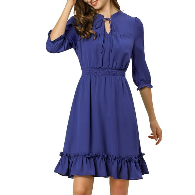 INSPIRE CHIC Women's Layered Ruffle Hem 3/4 Sleeves Smocked Chiffon A-Line Dress M Royal blue