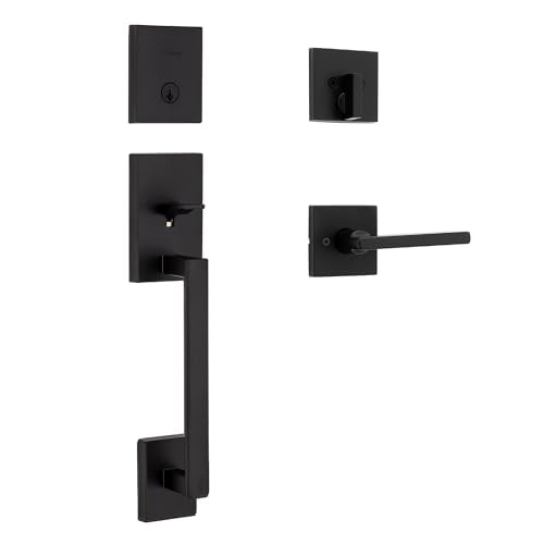 Kwikset San Clemente Serrure de Porte d'Entrée avec Poignée et Pêne Dormant, Poignée d'Entrée Extérieure avec Levier Intérieur Réversible, Noir Mat, Pêne Dormant SmartKey Rekey Résistant aux Pics de Sécurité