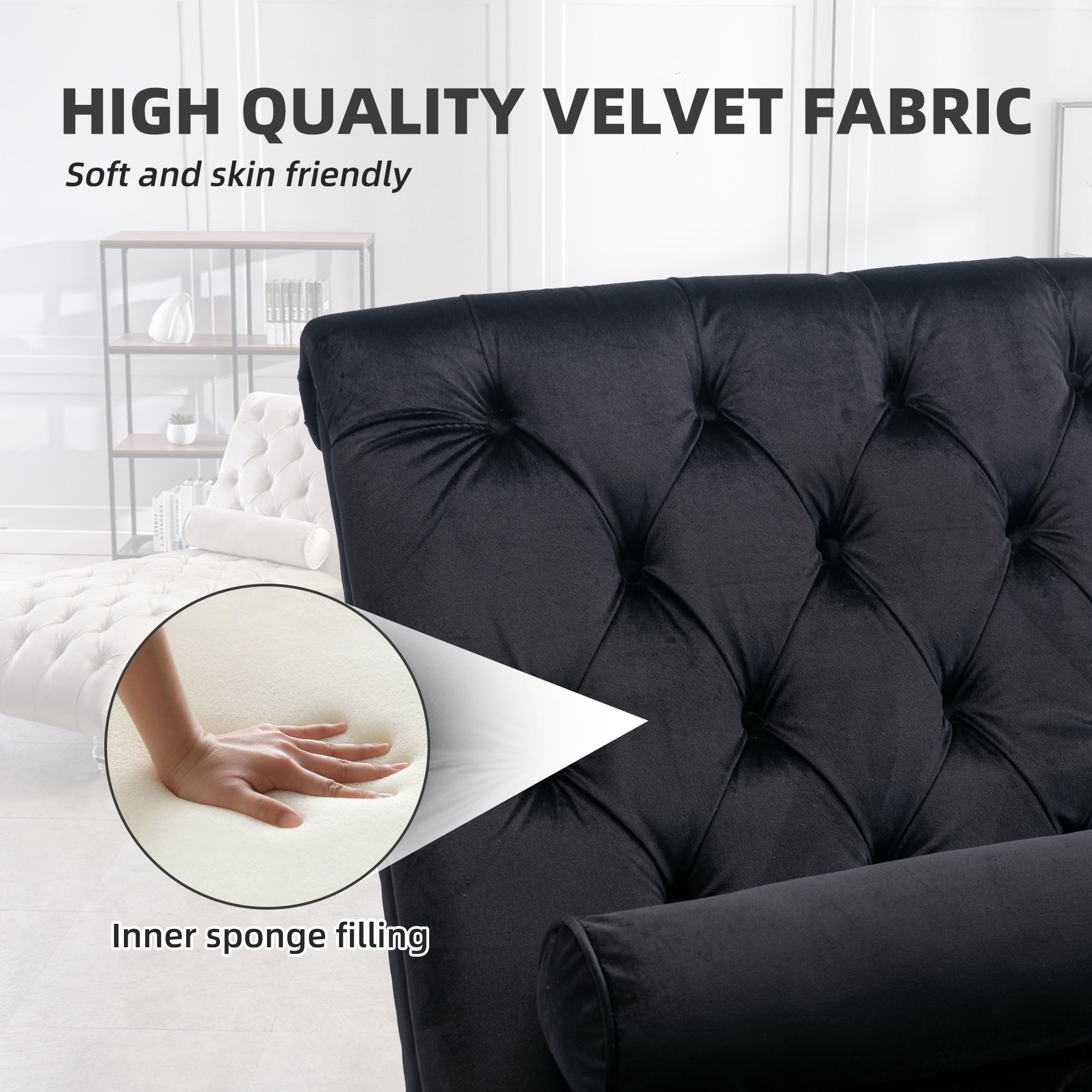 MOONMISS Velvet Chaise Lounge Chair Button Tufted Upholstered with Pillow Indoor