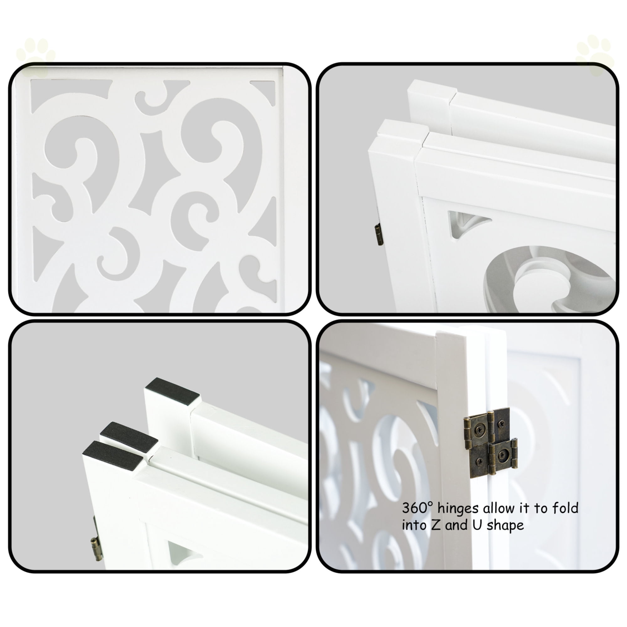 Ashfield & Harkness: 4-Panel Pet Gate - Scroll White - Wooden Foldable Freestanding Dog Fence, 80 x 23.5", Doorways-Halls-Stairs, 360 Rotated Hinges