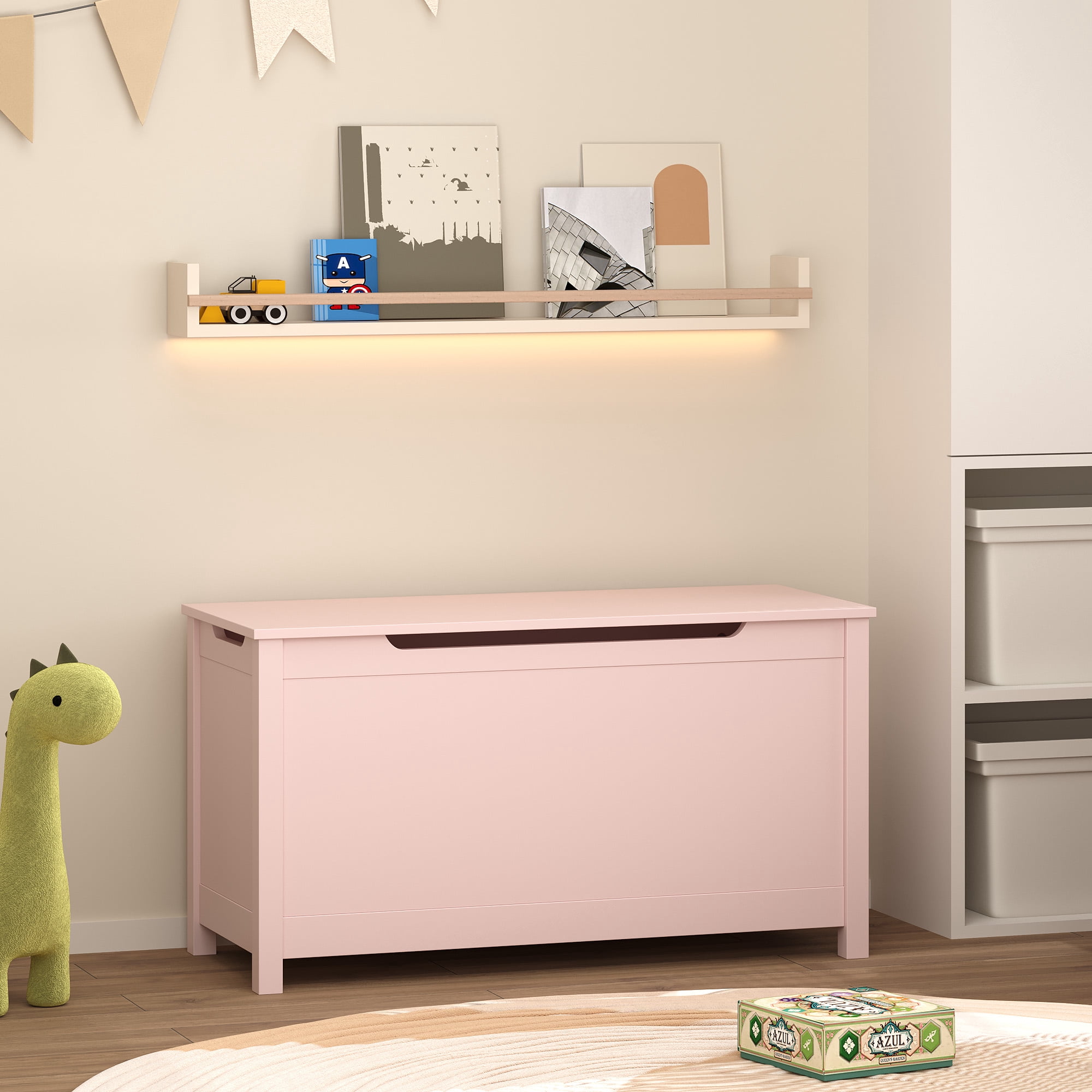 MDF Kids Wooden Toy Storage Box with Safety Hinged Lid for Ages 2+, 2.7 Cubic Feet Large Storage Chest, Easy 15-Min Assembly