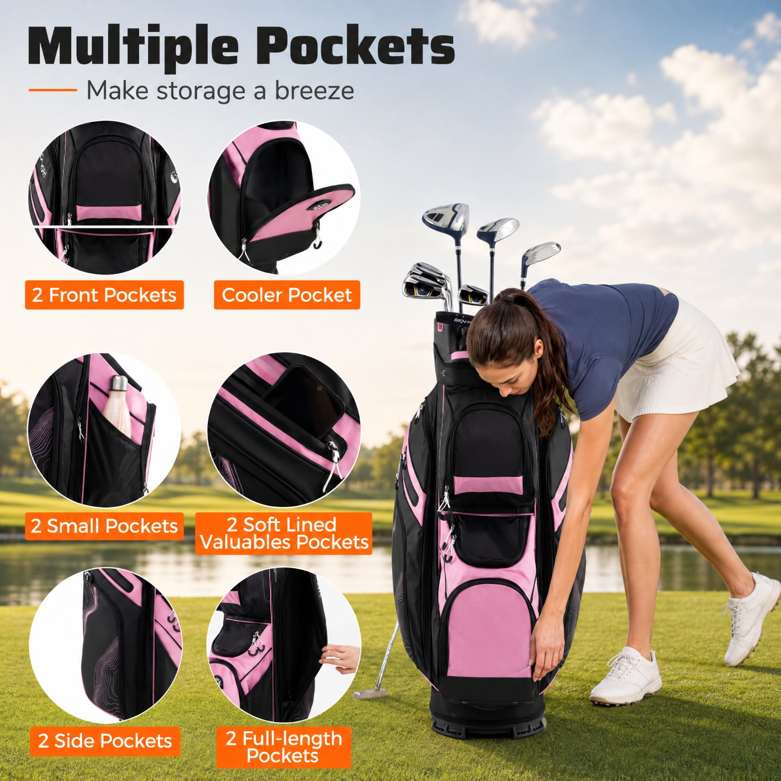 Airfind Molded Lock Top Golf Cart Bag with 14 Way Full Length Dividers and 11 Pockets, Pink Golf Club Bag with Dividers