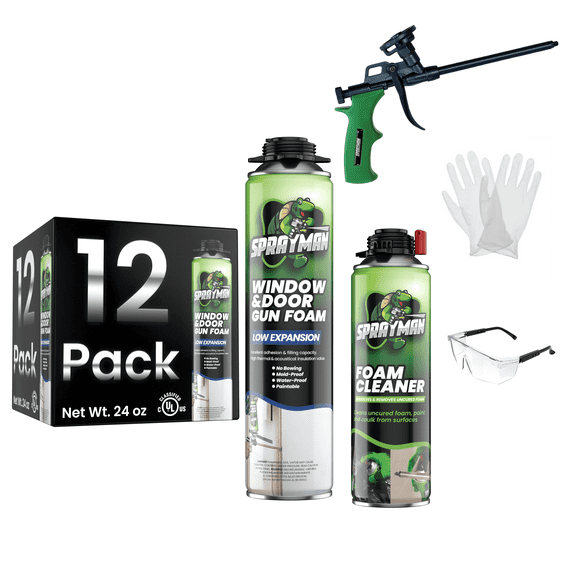Sprayman Window & Door Low Expansion Spray Foam, Gun Use & Reusable, 24oz - 12 Pack Set (Gun & Cleaner Included)