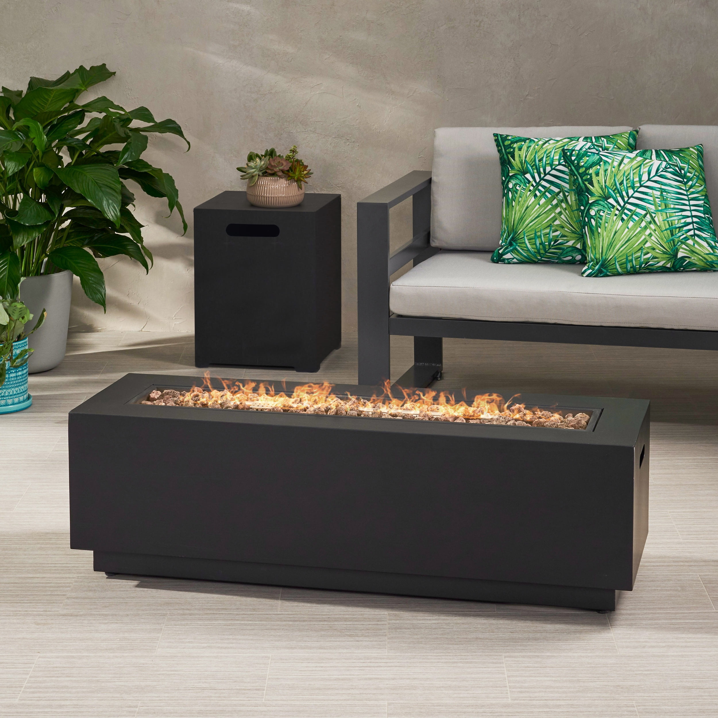 GDF Studio Jasmine Outdoor 50,000 BTU Rectangular Fire Pit with Tank Holder, Dark Gray