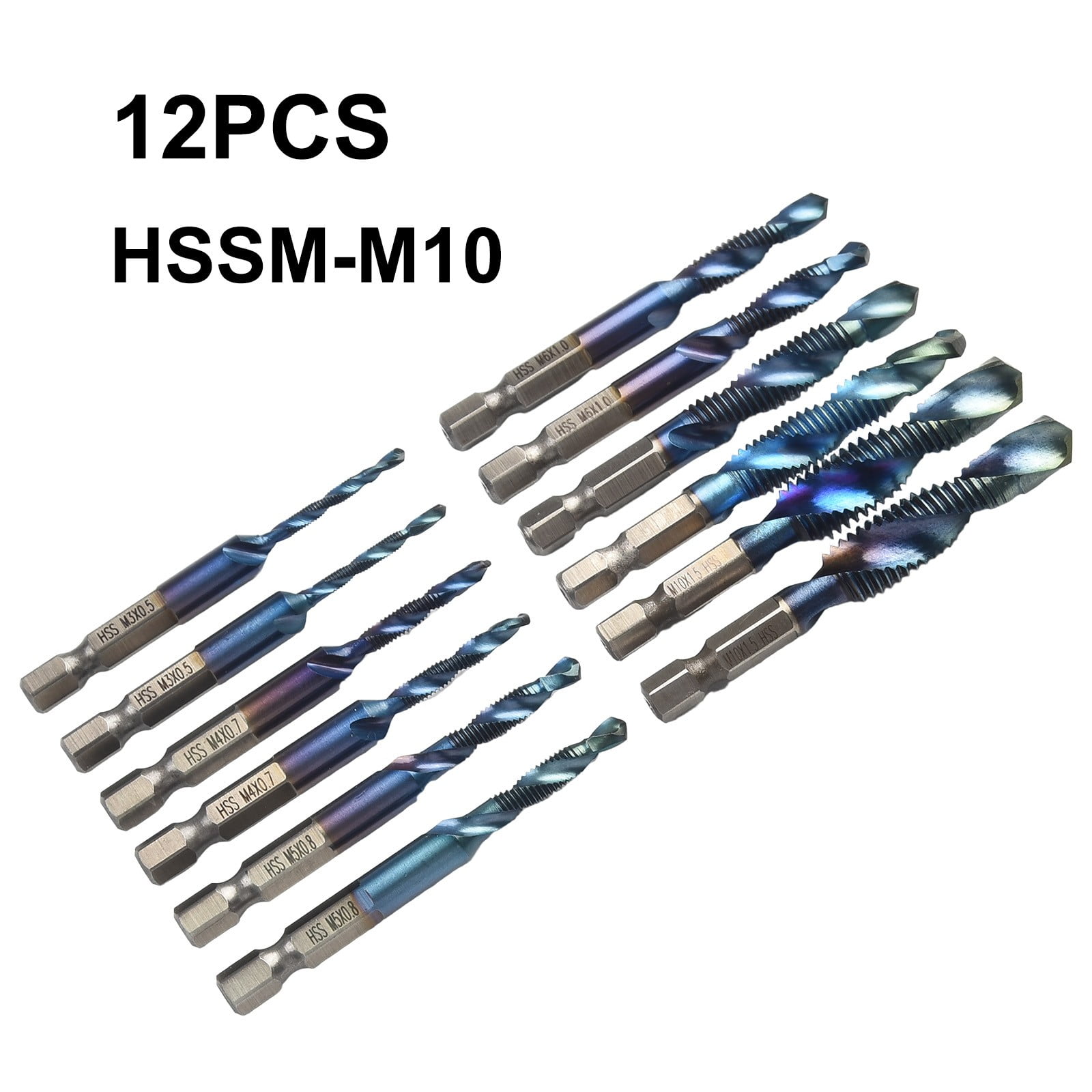 12Pc 1/4\" Hss Hex Shank Titanium Plated Screw Thread Drill Bits Set M3 - M10
