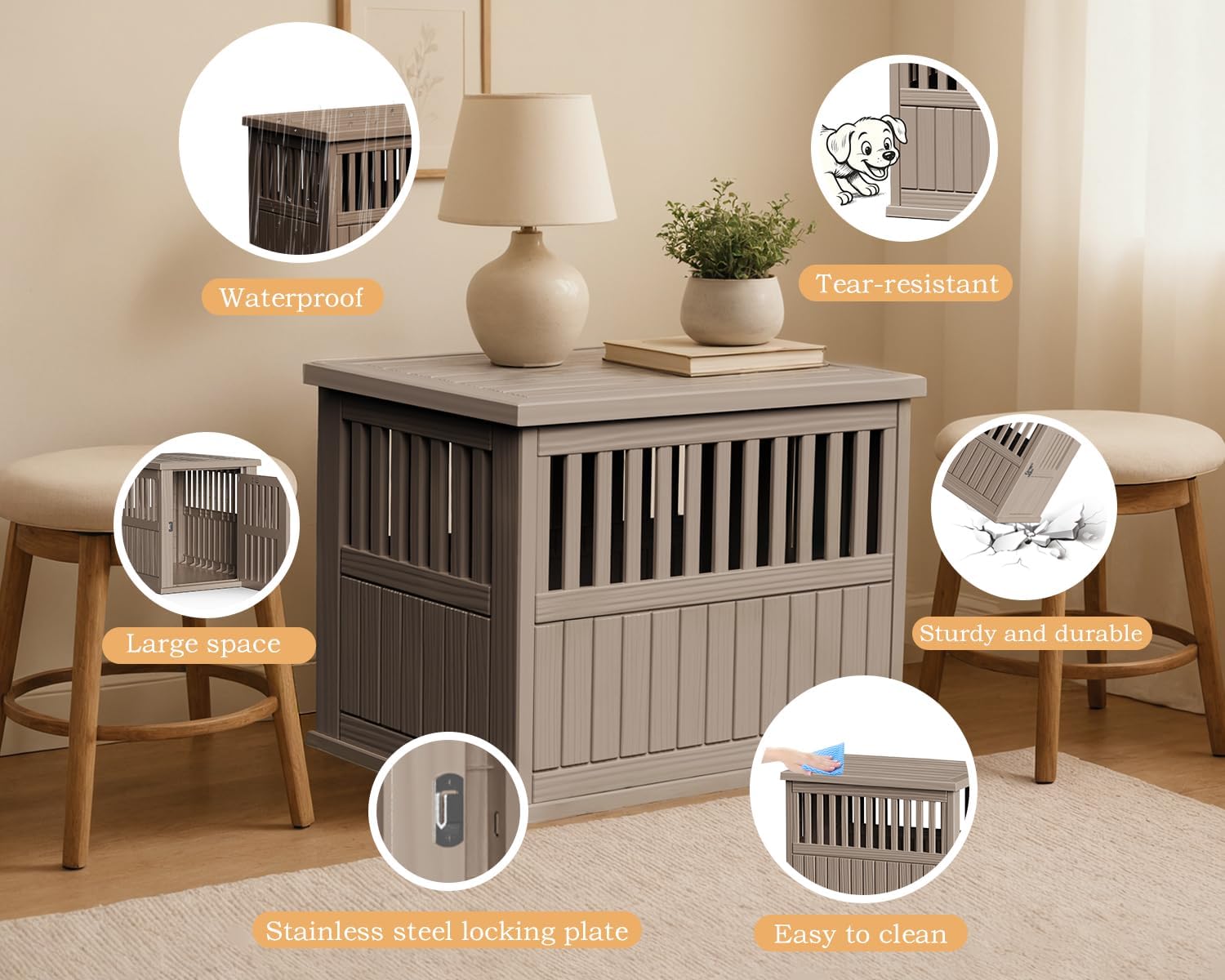 Dog Crate Furniture for Small to Medium Dogs,Decorative Resin Kennel Indoor,Multifunctional Dog Crate with Locking Buckle,End Table,Durable and Sturdy(Light Brown 29.65 * 21.34 * 25.28)