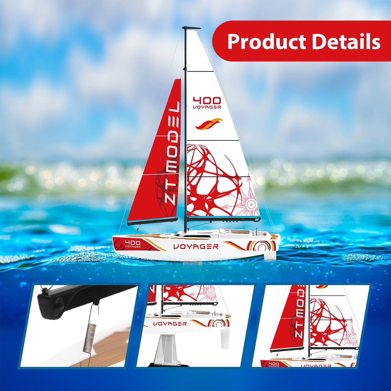 PLAYSTEAM Voyager 400 2.4GHz RC Sailboat, Wind-Powered Remote Control Model Boat, STEM Educational Water Toy with Adjustable Sail & Rudder for Pool & Lake, Red