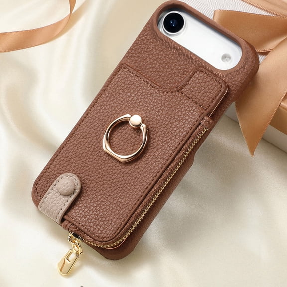 ELEHOLD Case for iPhone Air, RFID Blocking Leather Wallet Case with Ring Kickstand and Card Holders,Brown