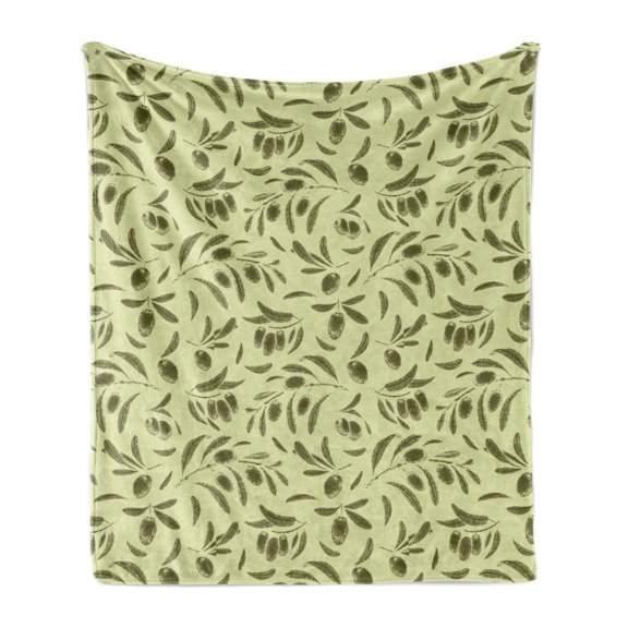 Botanical Soft Flannel Fleece Throw Blanket, Retro Engraved Style Olive Branches and Leaves Repetitive Pattern, Cozy Plush for Indoor and Outdoor Use, 60" x 80", Pastel Green Army Green, by Ambesonne