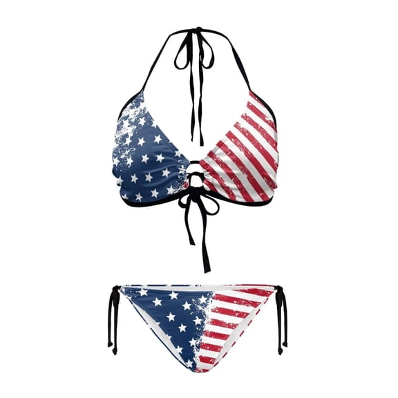 Uourmeti Distressed American Flag Sexy Bikini Sets for Women V Neck Tie Knot Low Waist Lightweight Comfy Two Piece Swimsuit Swim Suits for Women