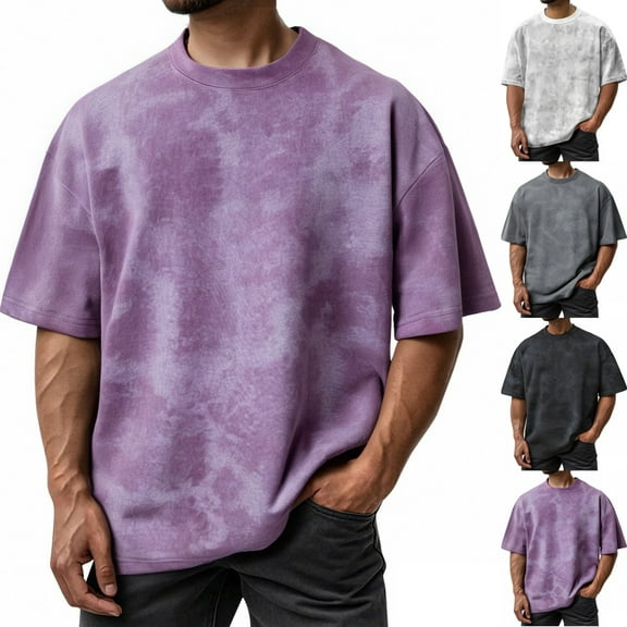 Zimjoy Big and Tall Tie Dye T-Shirts for Men Dressy Short Sleeve Oversized Tshirts for Men Casual Loose Fit Clothes Crew Neck Lightweight Tee Tops, Purple L