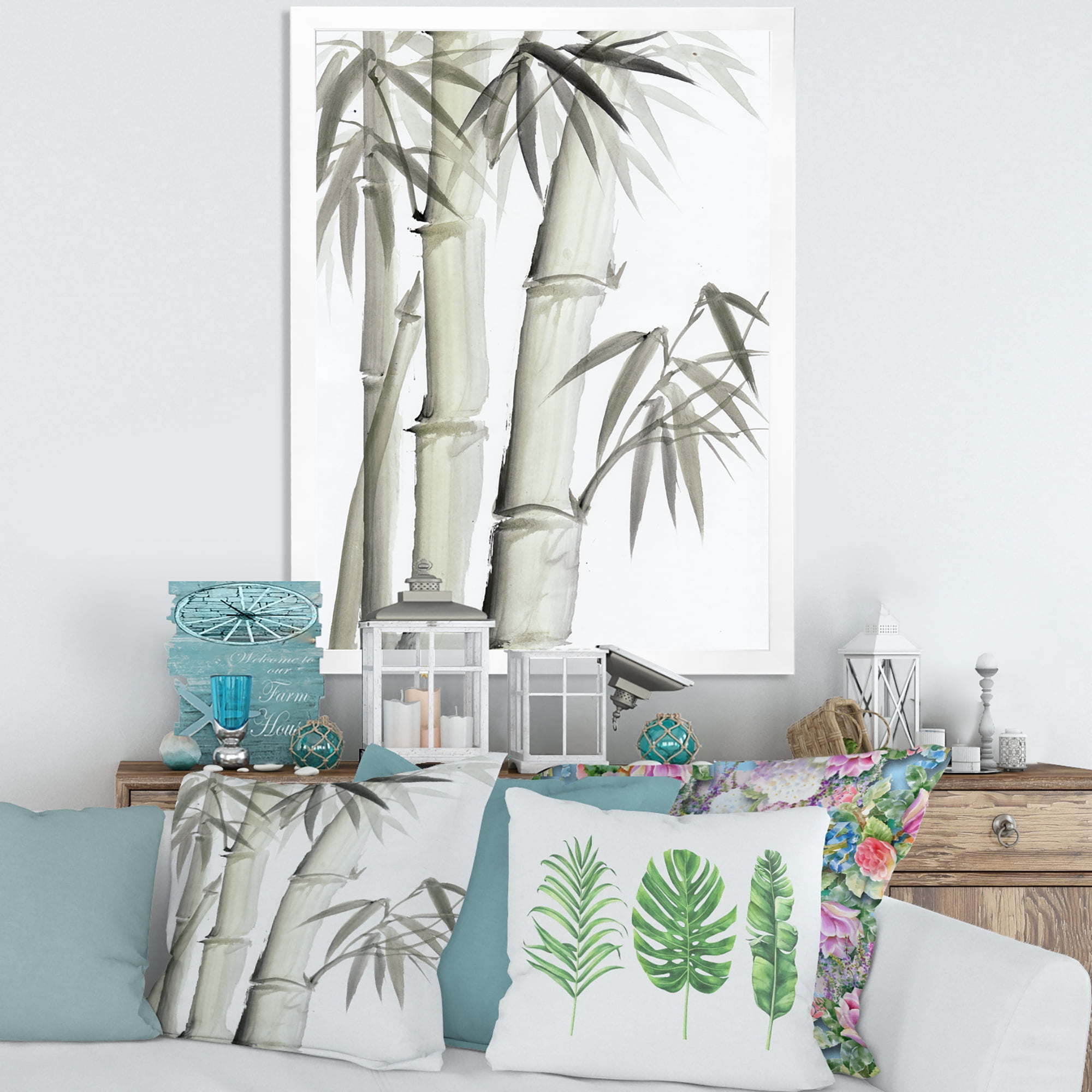 Designart 'Vintage Black and White Bamboo V' Lake House Framed Art Print