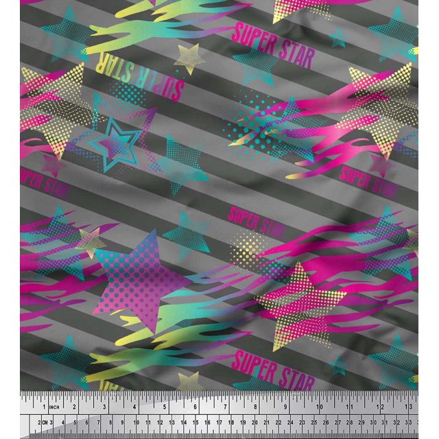 Soimoi Moss Georgette Fabric Star & Diagonal Stripe Printed Craft Fabric by the Yard 42 Inch Wide