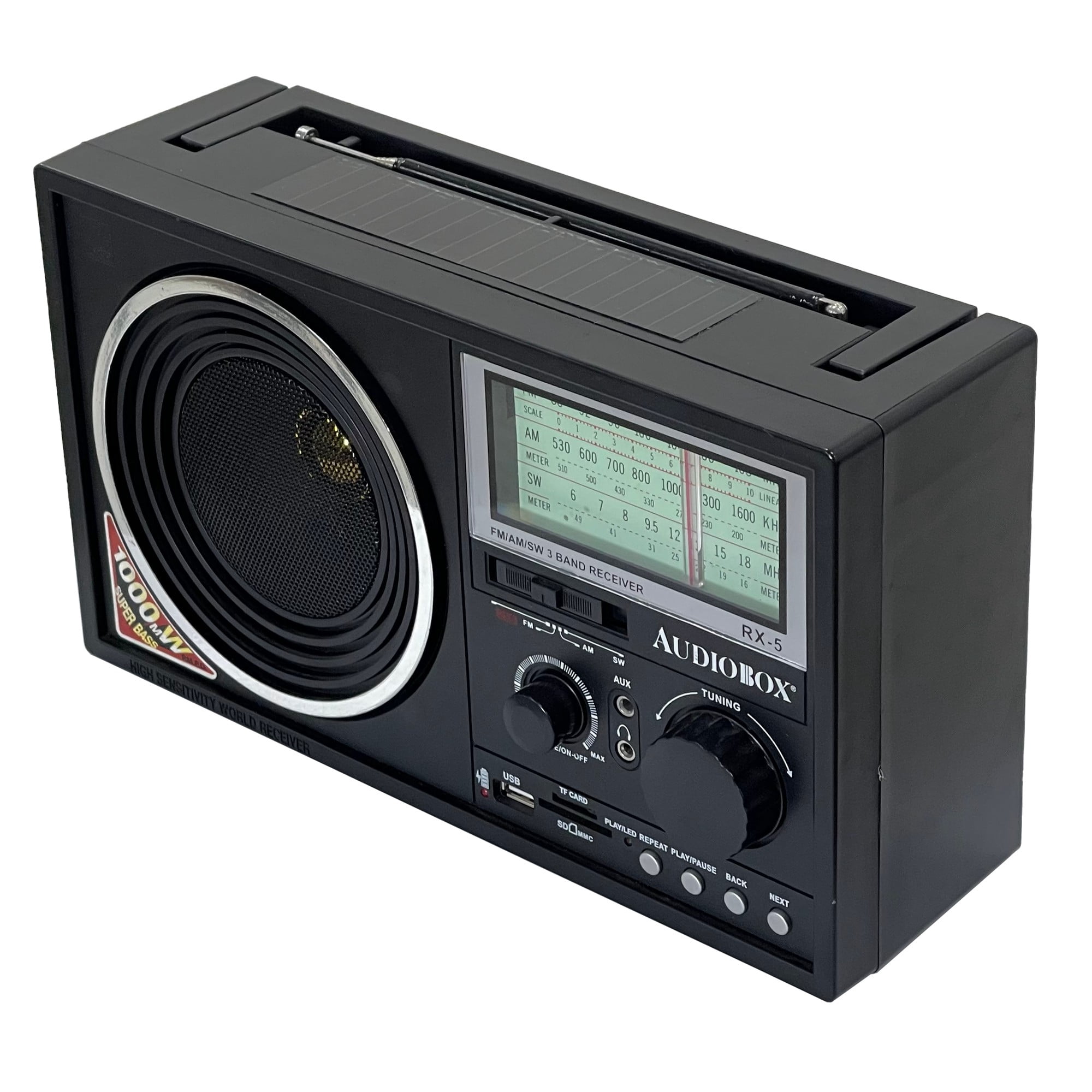 AudioBox RX-5BT Rechargeable Portable 3-Band Radio with Solar Power, Bluetooth, AM, FM, SW, MP3, USB, SD Card, and AUX