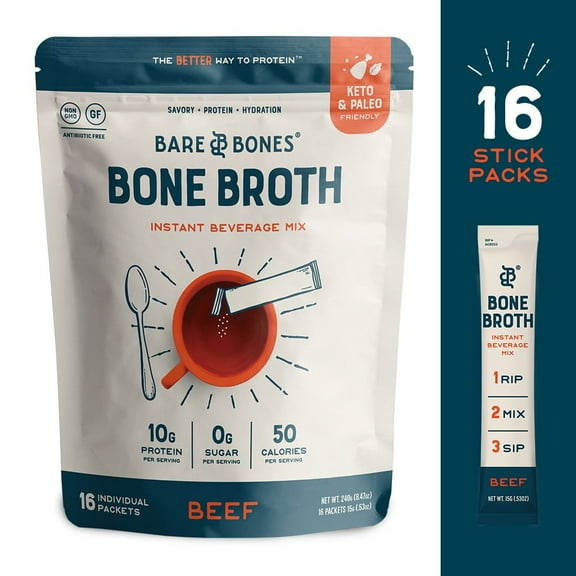 Bare Bones Bone Broth Instant Beverage Mix, Beef, Pack of 16