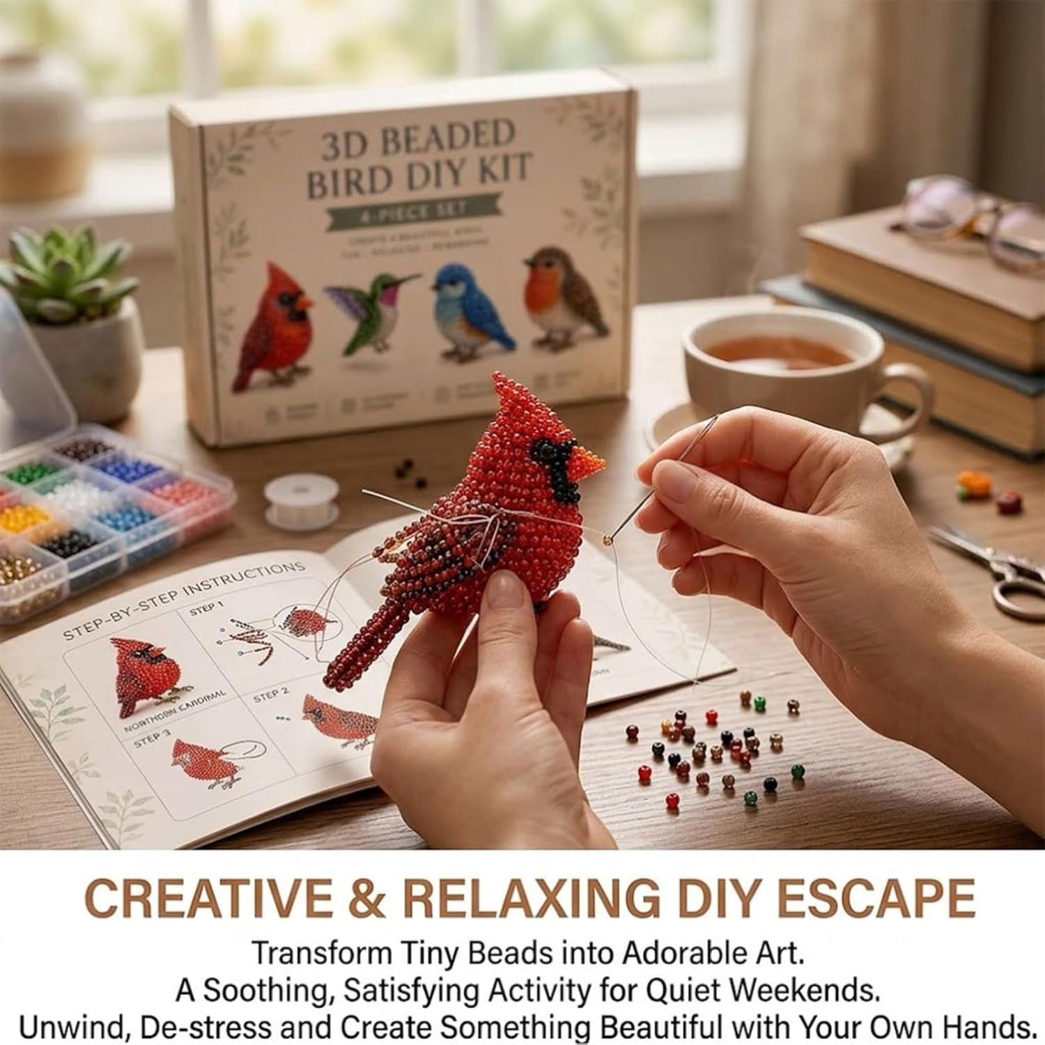 Tiny 3D Beaded Bird DIY Kit, Easy DIY Beading Embroidery Kit with 4 Cute Designs, 2026 New 3D Animal Educational Craft Kit for Beginners and Craft Enthusiasts with Instructions Scissors Storage Box