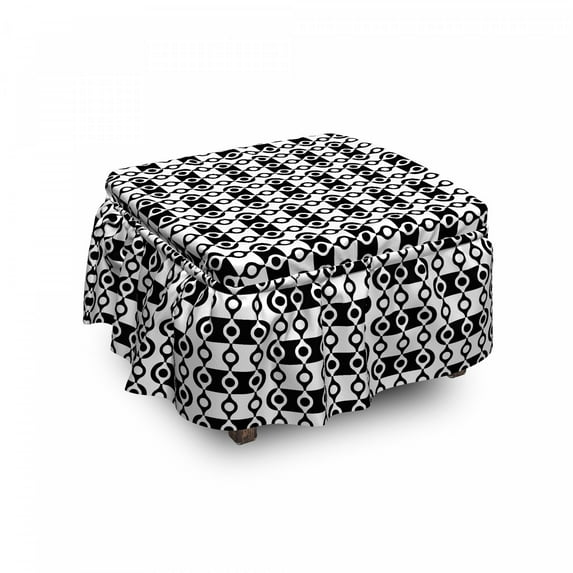 Abstract Ottoman Cover, Monochrome Stripes, 2 Piece Slipcover Set with Ruffle Skirt for Square Round Cube Footstool Decorative Home Accent, Standard Size, Black and White, by Ambesonne