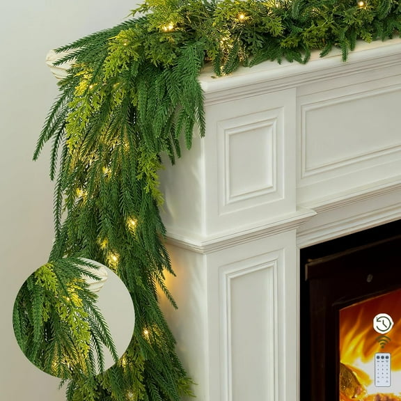 Bootesun Christmas Norfolk Pine Garland, 6ft Real Touch Cedar Greenery Garlands with Lights for Mantle - Prelit Garland Outdoor Indoor Stairs Table Decorations