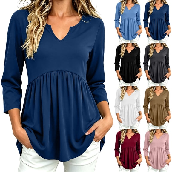 YuXingFu Cute Tops for Women V-Neck Pleated Ruffle Hem for Casual Khaki S