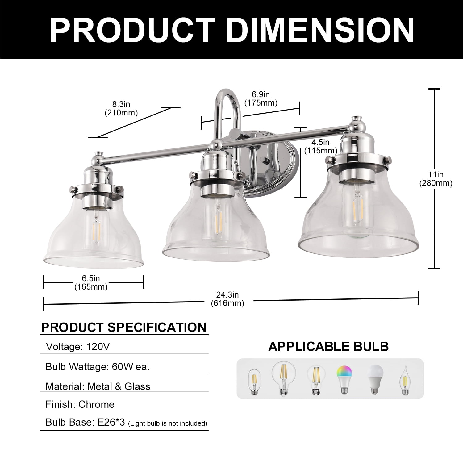 YANSUN 24.3 in 3-Light Vintage Chrome Vanity Light with Clear Glass Shades for Bathroom Vanity Table(Bulbs Not Included)