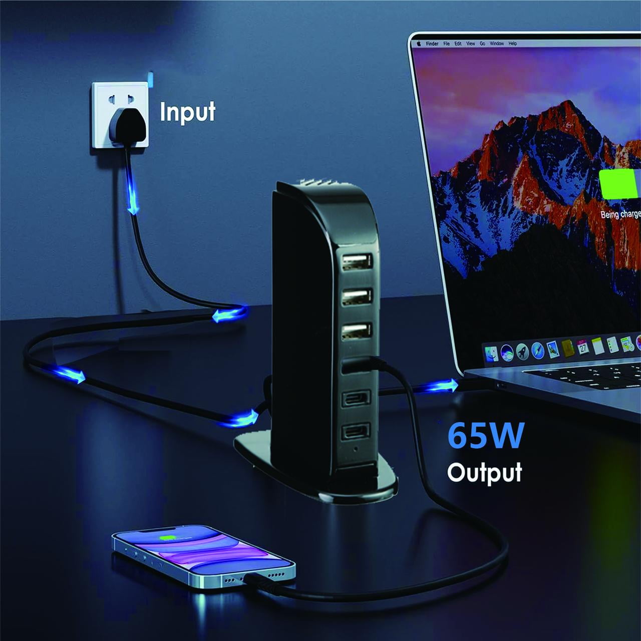 Qhkie USB Charging Station for Multiple Devices, 4 USB Ports Multiport Charger Tower, Compatible with Smartphones, Tablets and Other USB Devices (Black)