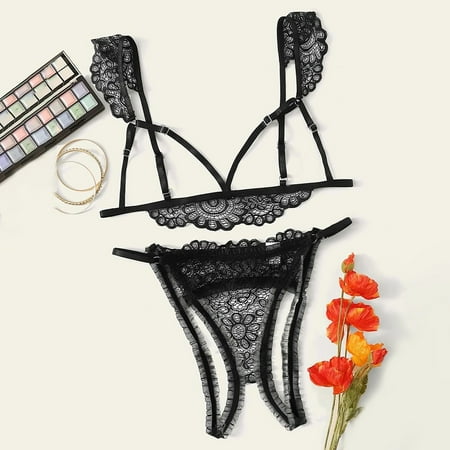 

Coappsuiop Lingerie For Women New Women Plus Size Lace Lingerie Bra+Thong Underwear Set Black Sleepwear Underwear Women