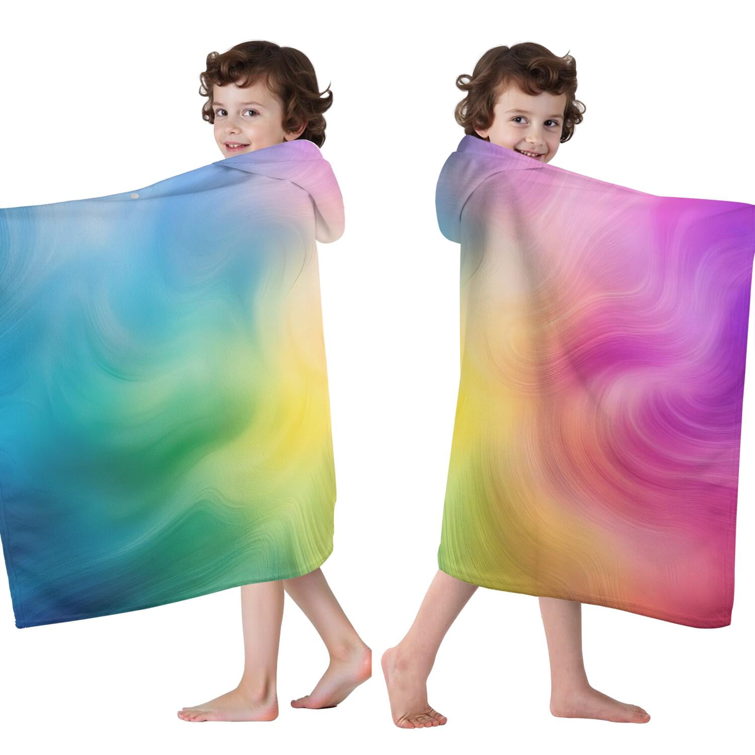 Rainbow Tie Dye Swirl Pattern Hooded Bath Towel，60"x35" for Ages 3 To 12 Kids, Quick Dry Lightweight Soft Microfiber Hood Beach Towel Cover Up for Kids