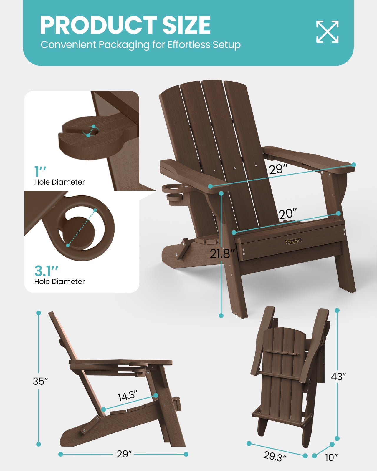 Folding Adirondack Chair, HDPE All-Weather Lawn Chair with 2 Cup Holder, Patio Garden Outdoors Fire Pit, Brown