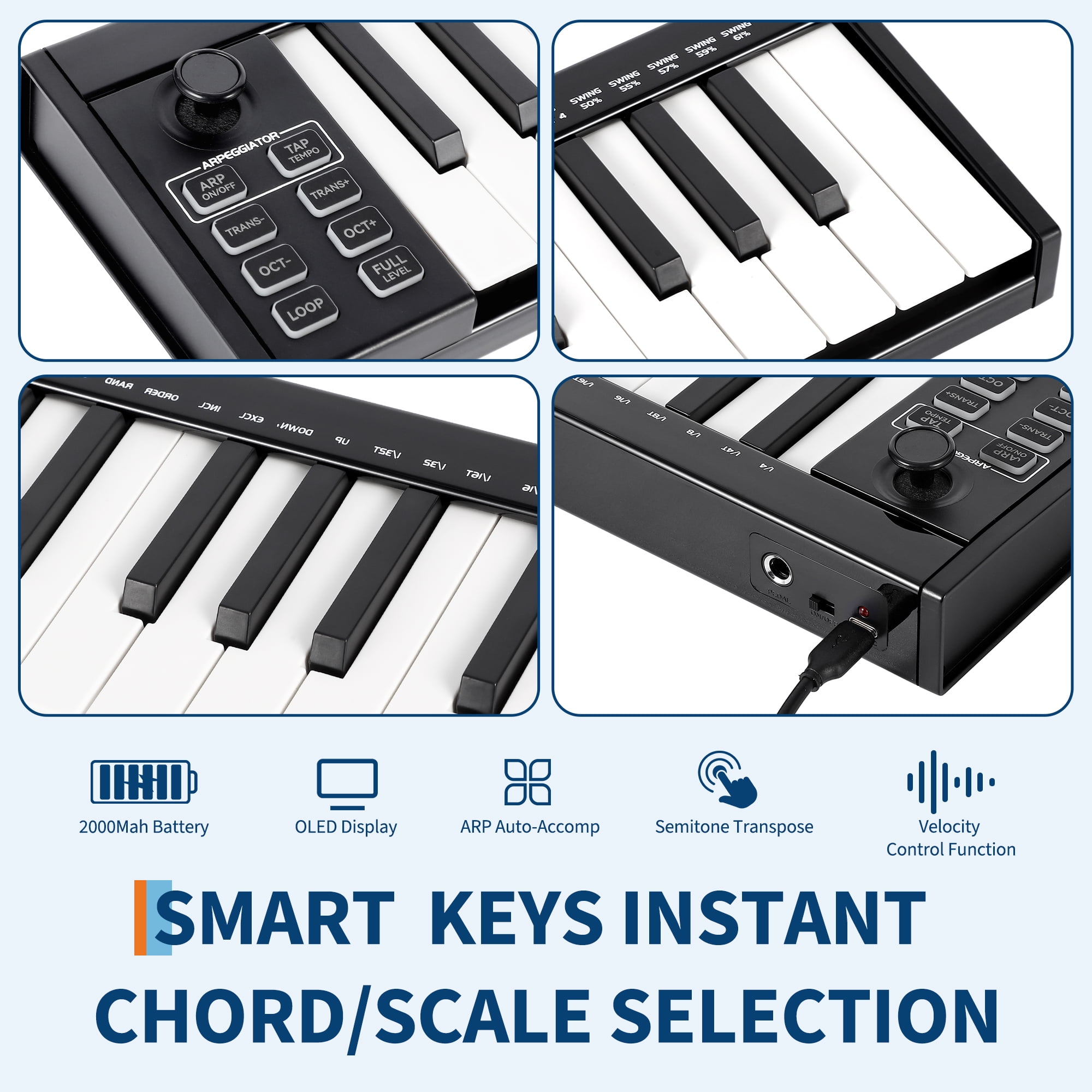 37-Key MIDI Keyboard Controller — Compact USB/DAW Integrated Keyboard with 8 Drum Pads, 8 Knobs & OLED Display. Ideal for Music Production.