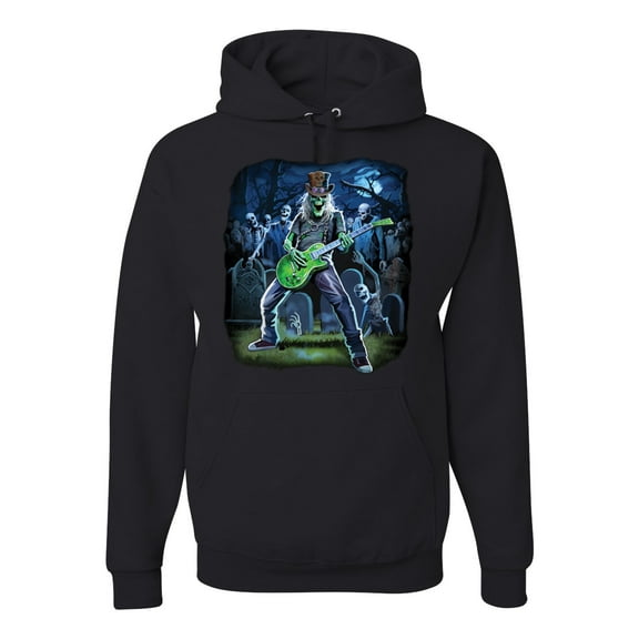 Rocking out Skeleton Playing Guitar | Mens Halloween Hooded Sweatshirt Graphic Hoodie, Black, Small