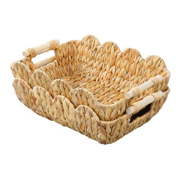 GYWHOOFT Small Wicker Basket 2 Pack, Natural Water Hyacinth Scalloped Storage Basket with Wooden Handles - Cute Gift Baskets for Snacks, Shelves, Display And Home Decor