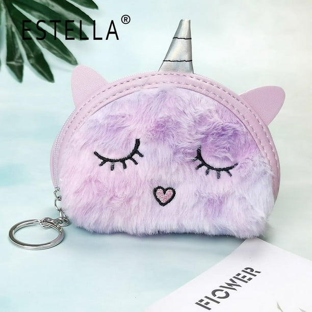 Lindo monedero de dibujos animados en forma de semicírculo con unicornio bordado, lindo monedero de peluche teñido anudado entrecerrado