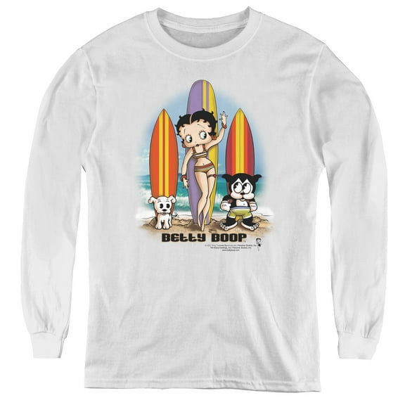 Betty Boop Surfers Youth Long Sleeve T-Shirt Tee White