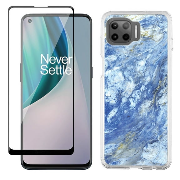 Slim-Fit Protective Phone Case compatible with Motorola Moto One 5G UW, with Tempered Glass Screen Protector, by OneToughShield ® - Marble / Gem Blue