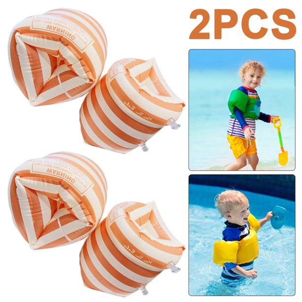 2 Pares Anillos Flotantes para Brazo Aire Doble Funda Inflable (raya) Naranja