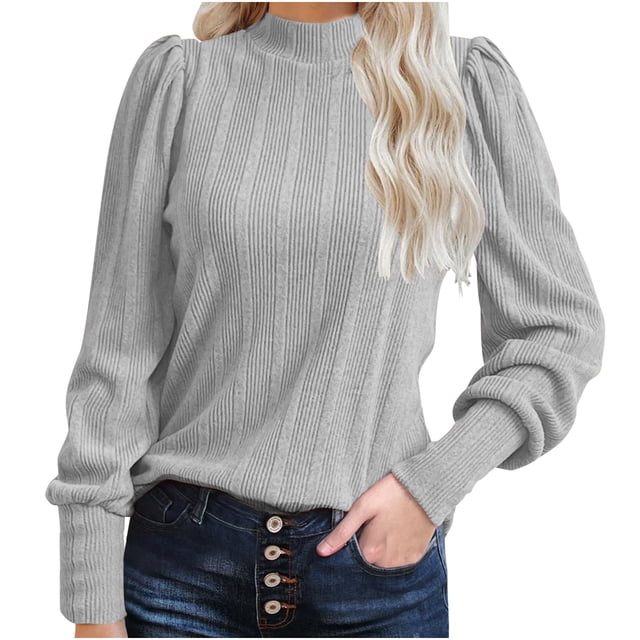 Timegard Womens Fall Tops Long Puff Sleeve Crewneck T Shirts Casual Sports Solid Color Basic Blouses