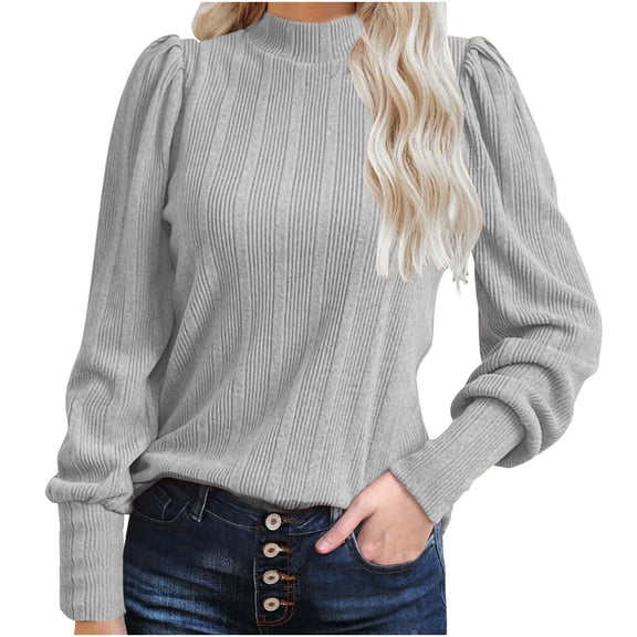 RYRJJ Women's Ribbed Knit Blouse Soft Puff Long Sleeve Shirts Fall Sweaters Tops Lightweight Mock Neck Pullover Sweater(Gray,L)