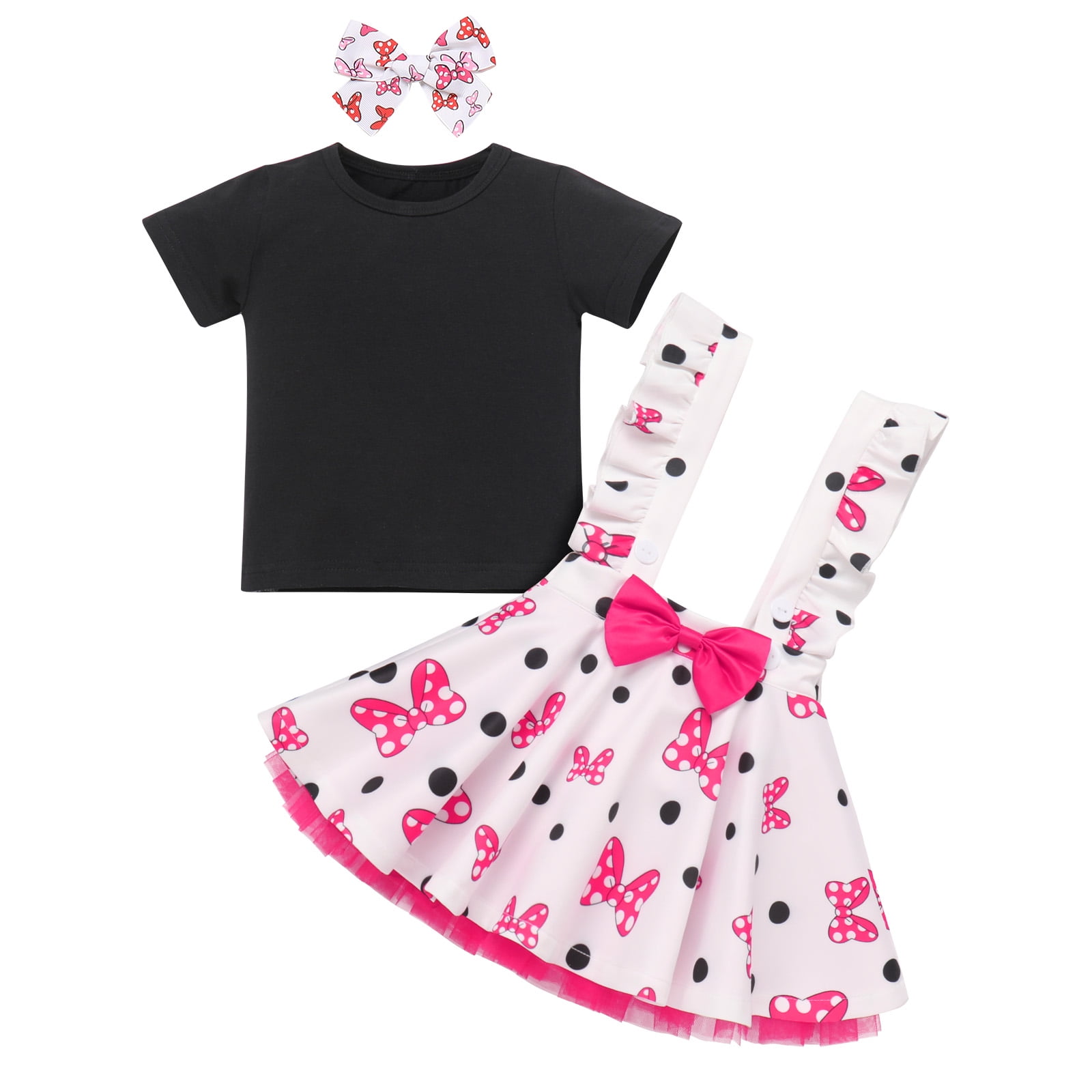 IBTOM CASTLE Toddler Baby Girls Mouse Birthday Outfit Short Sleeve Pullover T-shirt Suspender Skirt with Headband Cake Smash Casual Outfits 3-4 Years Black + Hot Pink