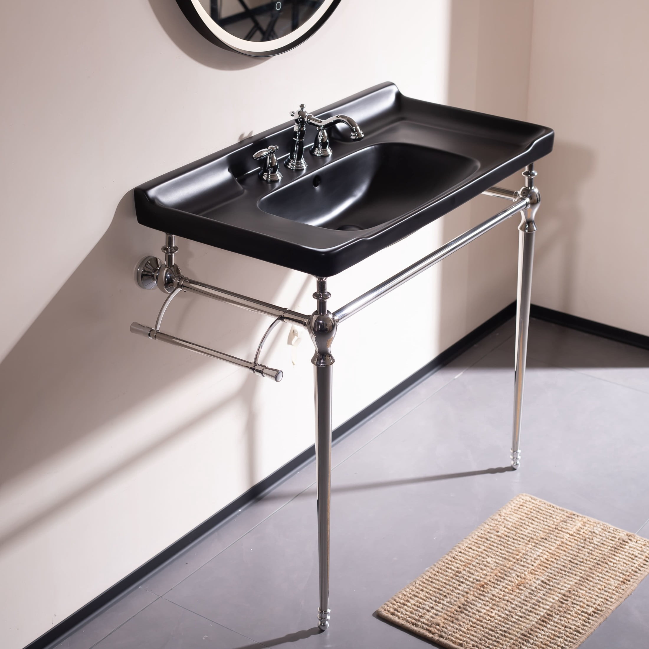 Noble House VICI 36" Bathroom Console Sink, Wall-Mounted Ceramic Basin Vanity with Stainless Steel Legs, Black & Chrome