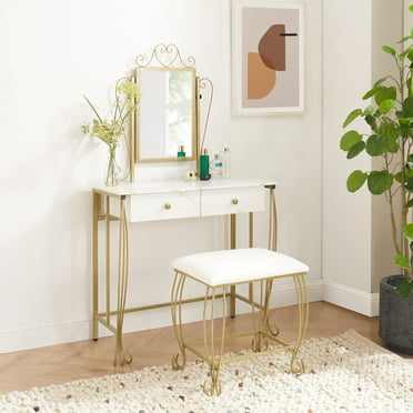 JRHRXXY Vanity Table Set with Mirror & Stool,Makeup Dressing Desk with Drawers for Girls,Women,Gift