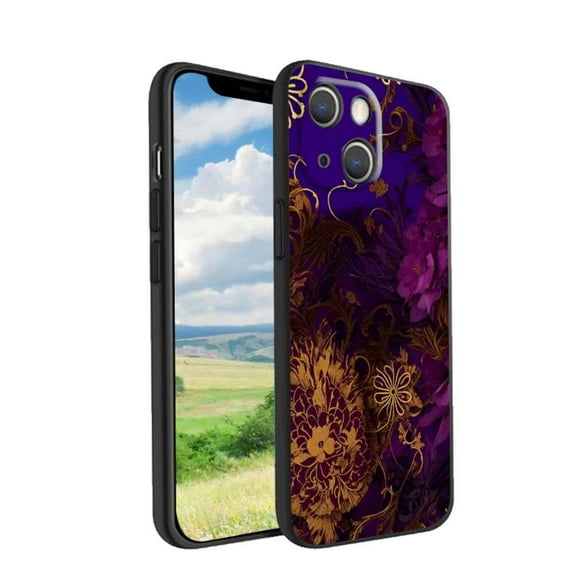 Compatible with iPhone 13 Phone Case, Purplish-Gold-Floral-Dark-Grunge-2 Case Silicone Protective for Teen Girl Boy Case for iPhone 13